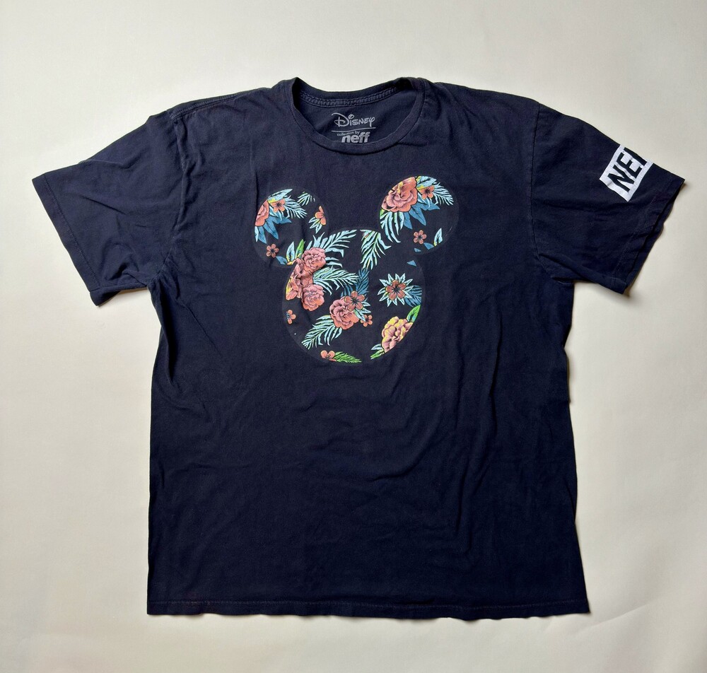 Disney Neff Shirt Mens XL Black Mickey Mouse Floral Graphic Tee Short Sleeve